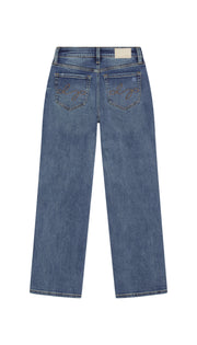 Depart straight blue jeans backside flat on a white background