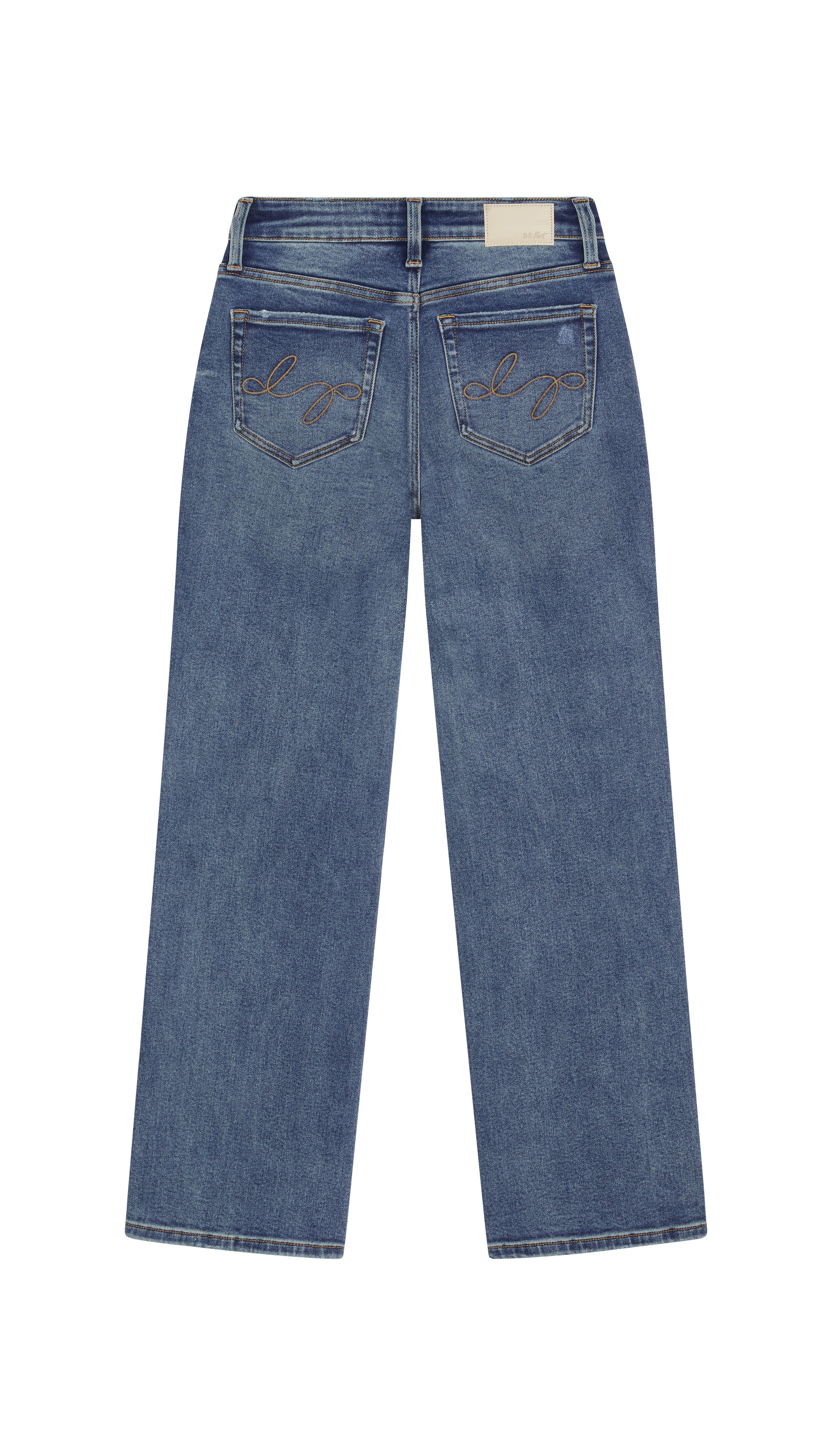 Depart straight blue jeans backside flat on a white background