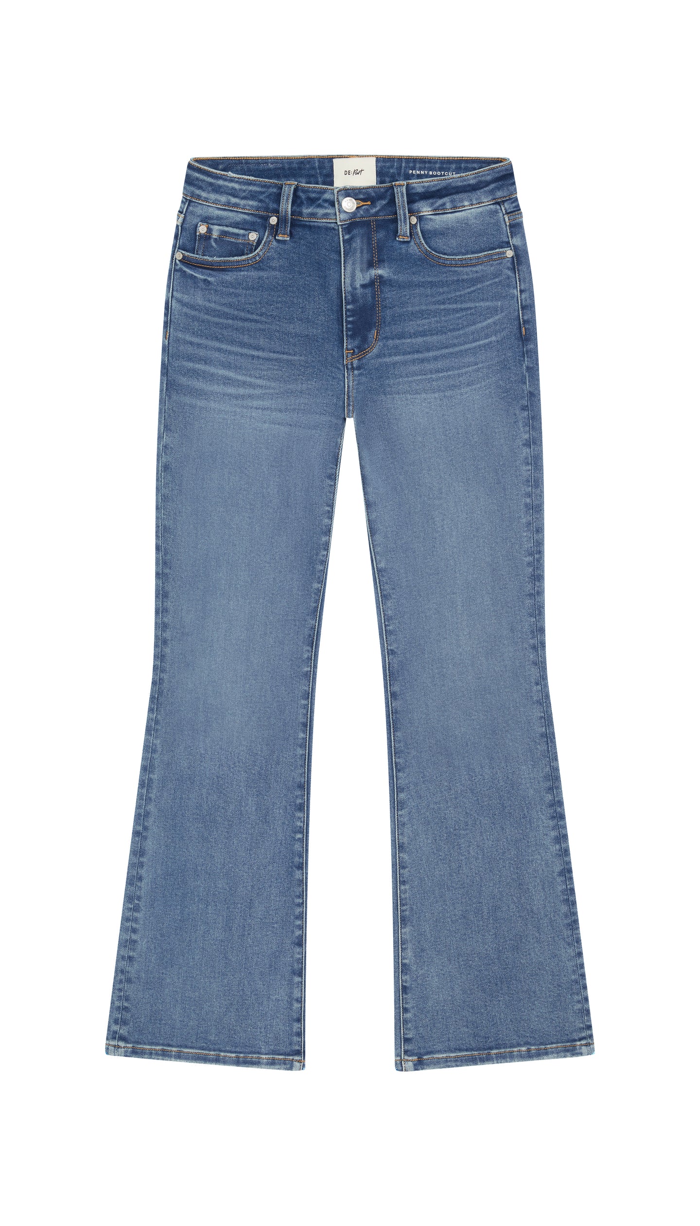 DePart boot cut medium blue jean flat on white background.