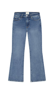 DePart boot cut medium blue jean flat on white background.