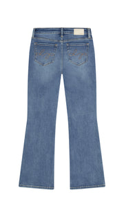 DePart boot cut medium blue jean backside flat on white background.