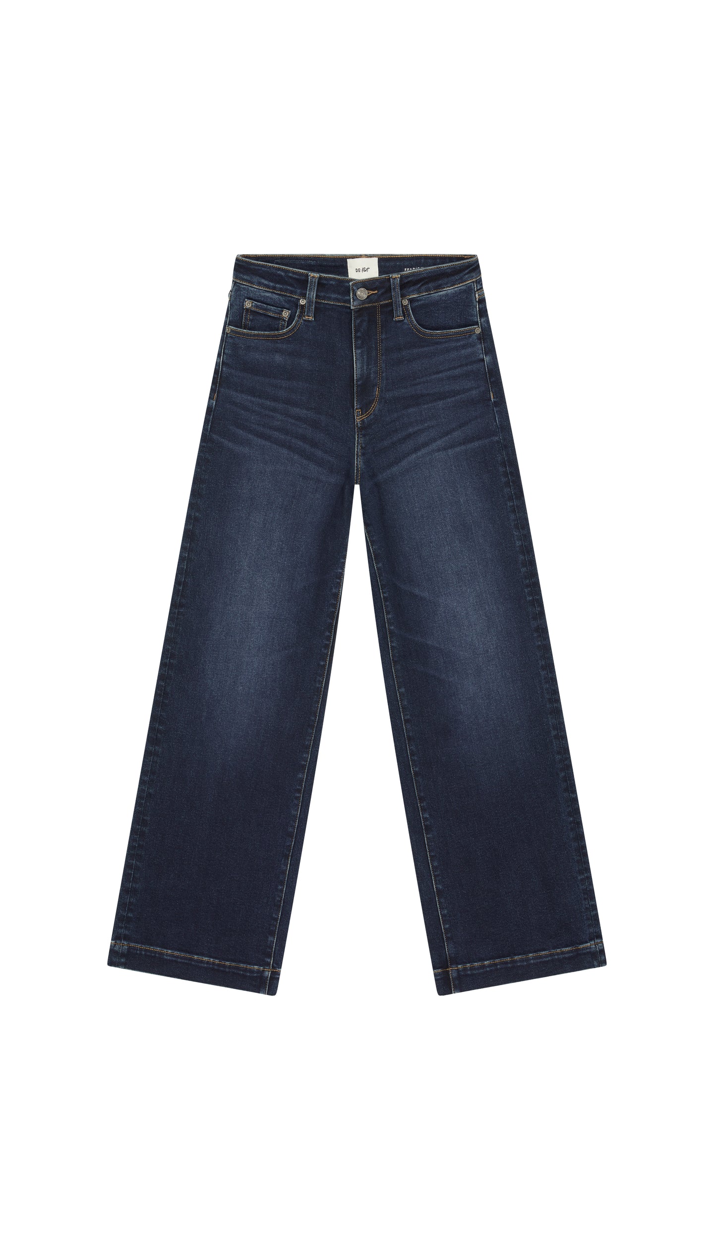 DePart wide leg dark blue jean flat on white background.