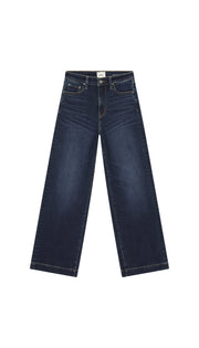 DePart wide leg dark blue jean flat on white background.