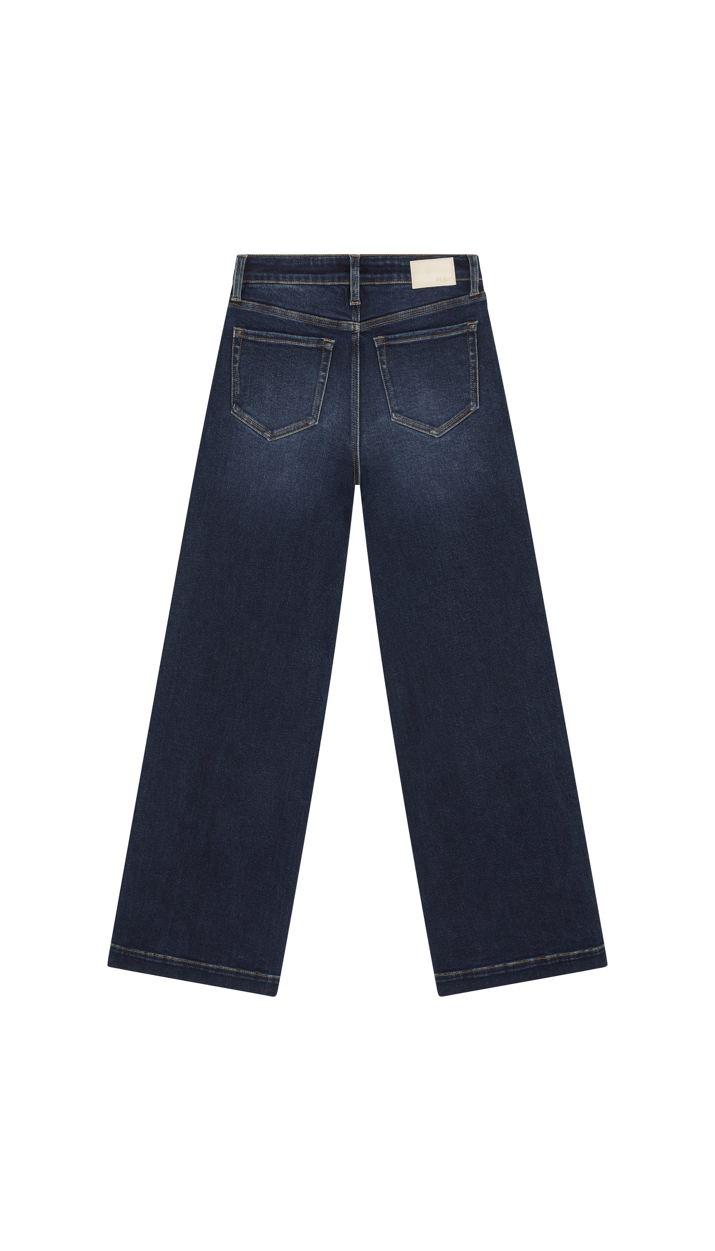 DePart wide leg dark blue jean backside flat on white background.
