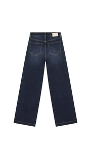 DePart wide leg dark blue jean backside flat on white background.