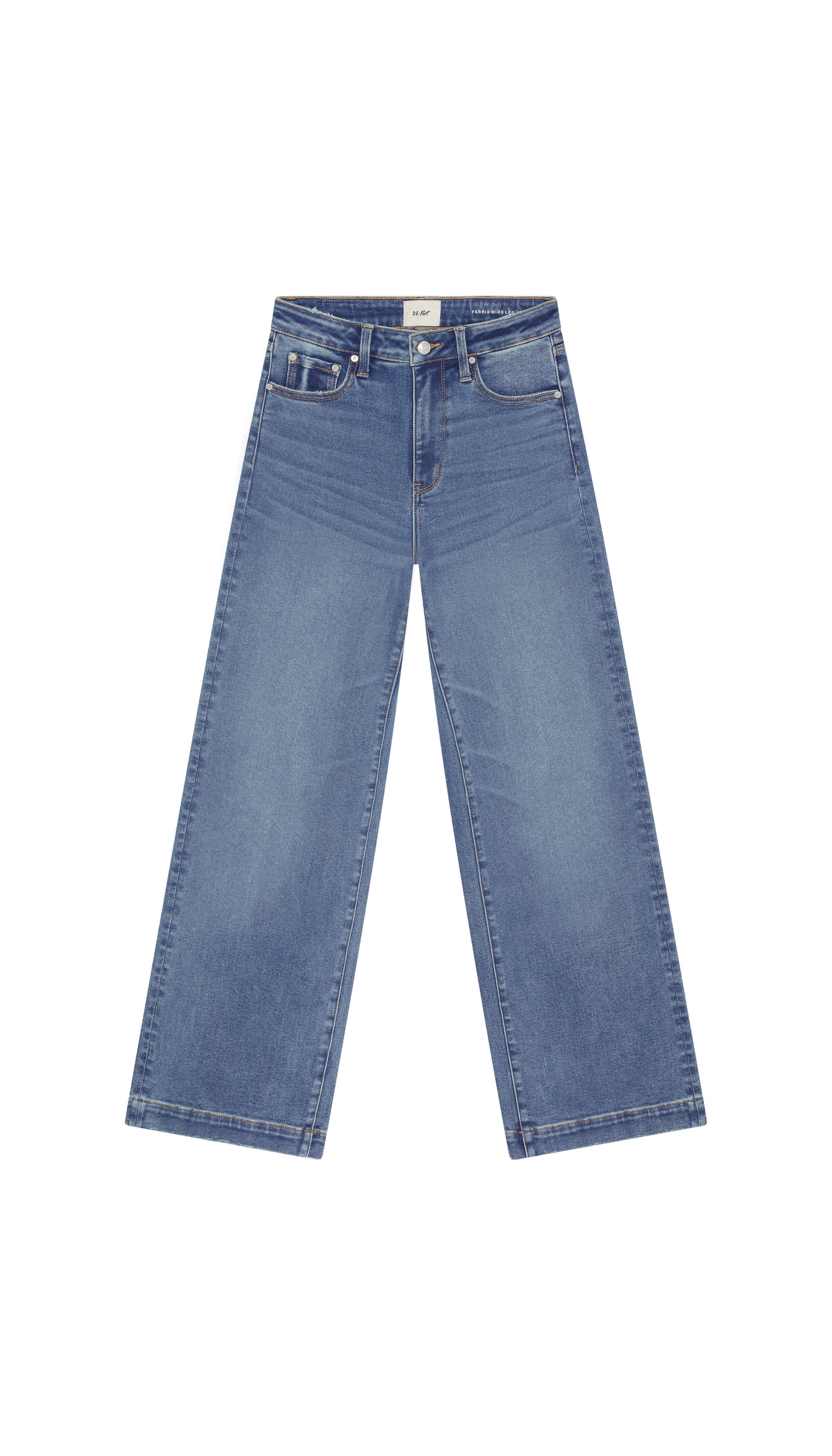 DePart wide leg medium blue jean flat on white background.