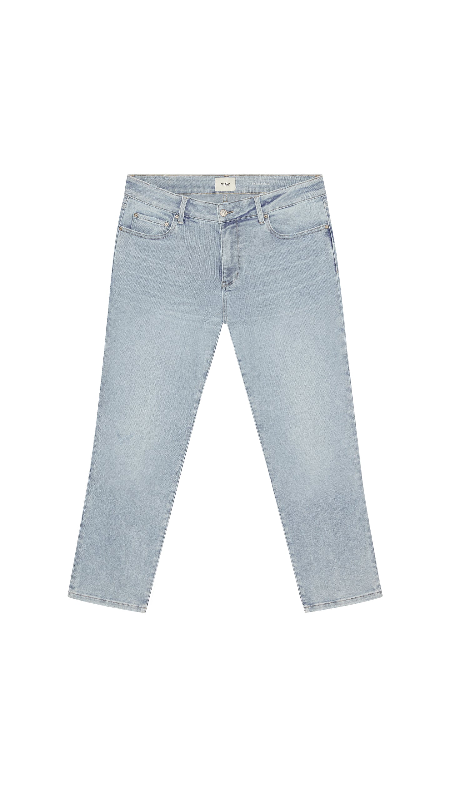 Light blue skinny jeans flat on a white background