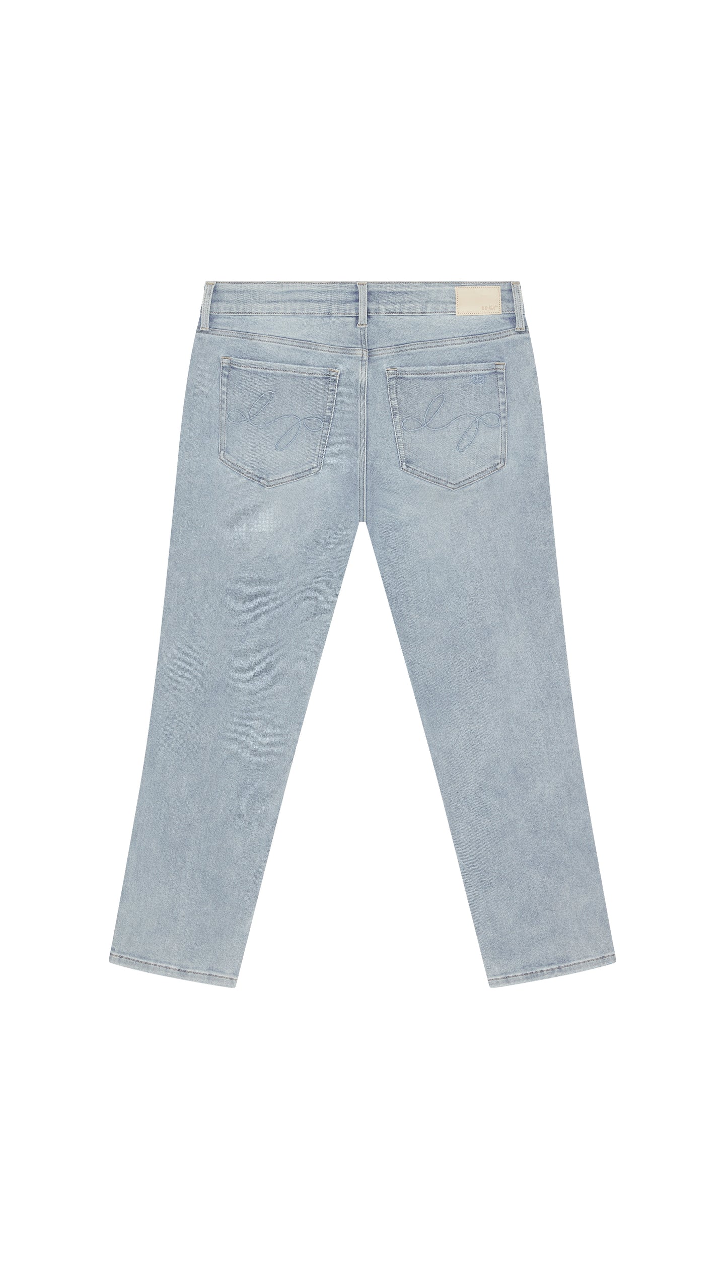 Light blue skinny jeans backside flat on a white background