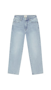 Light blue skinny jeans flat on a white background