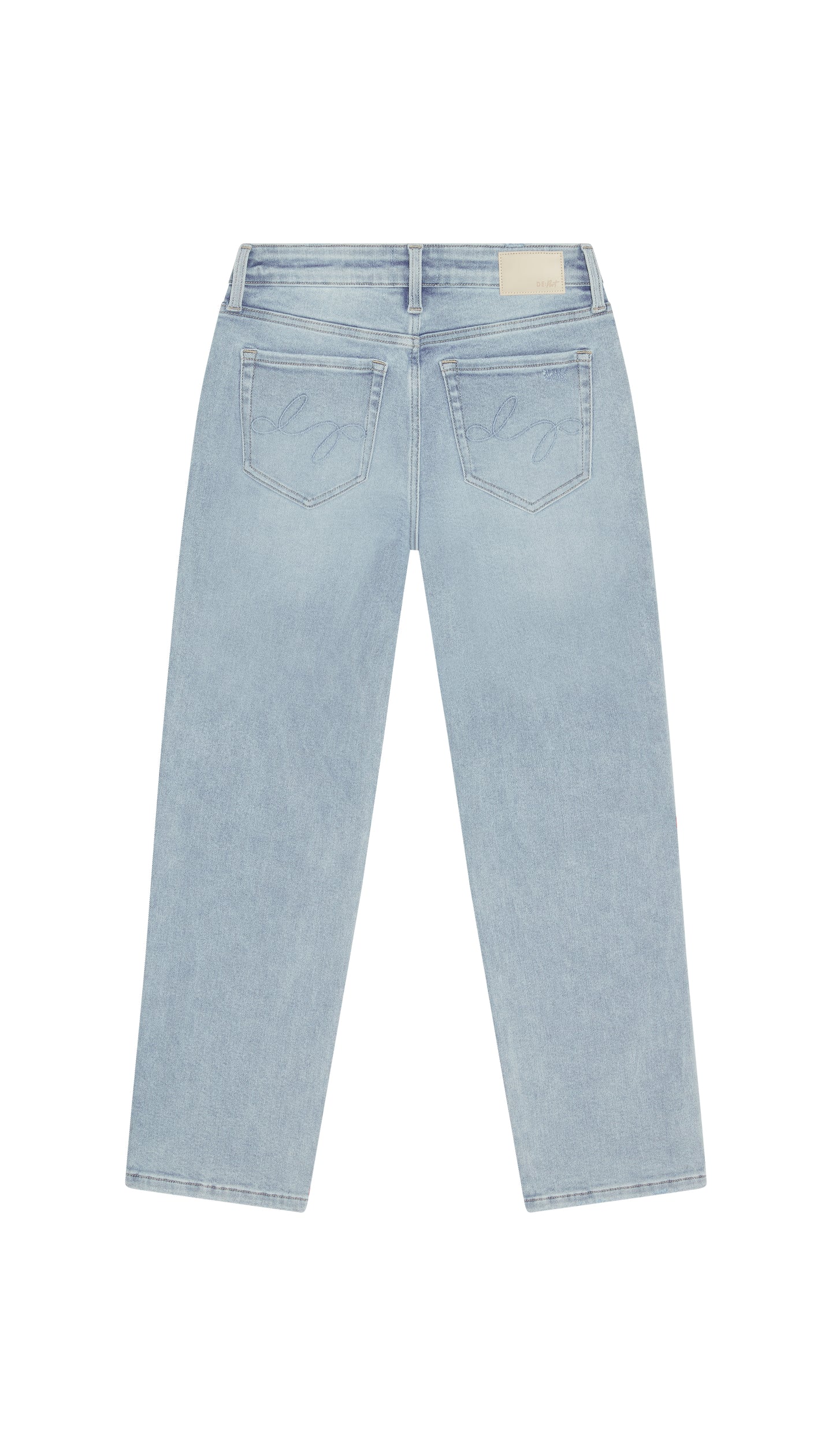 Light blue skinny jeans backside flat on a white background