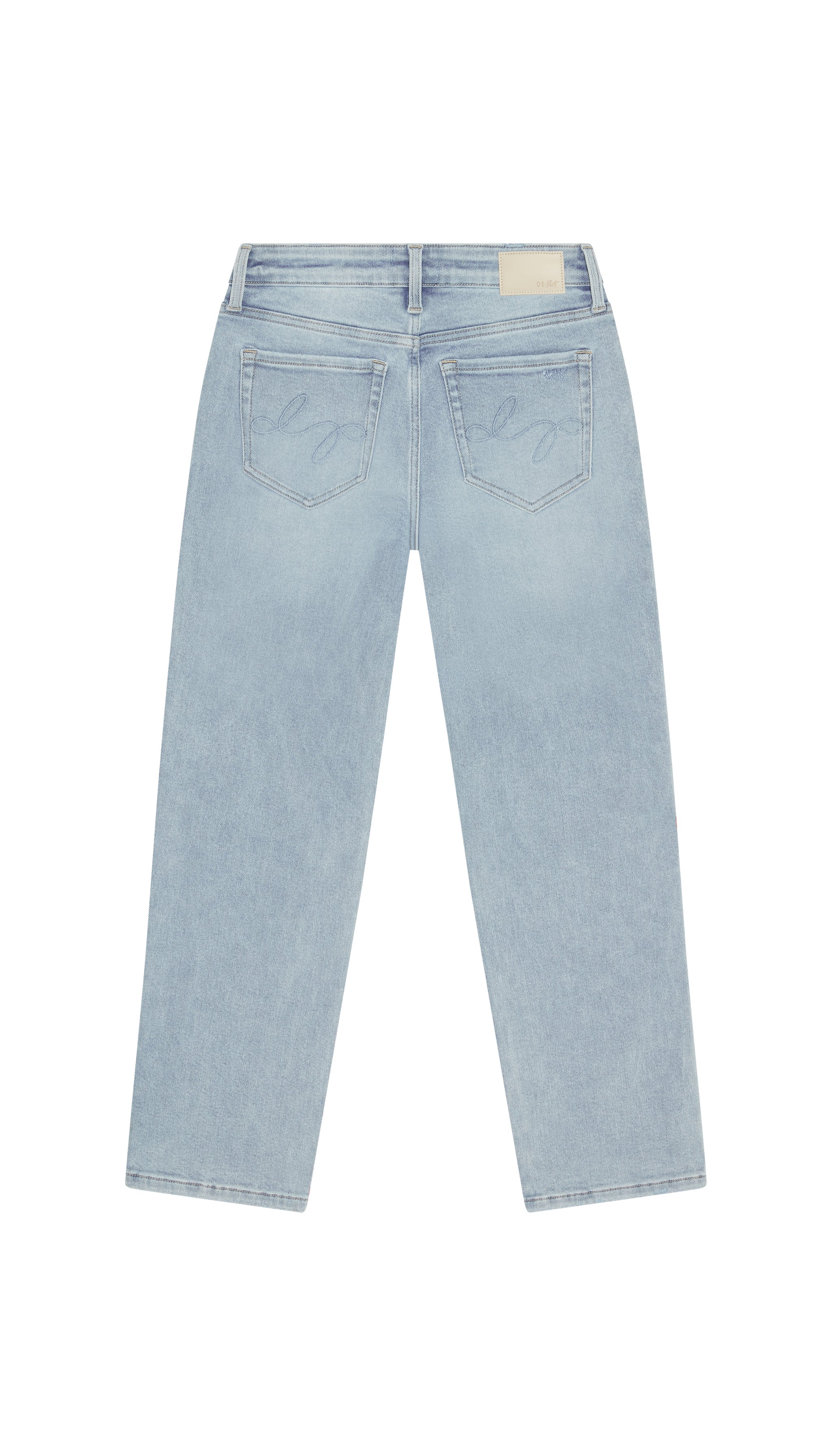 Light blue skinny jeans backside flat on a white background