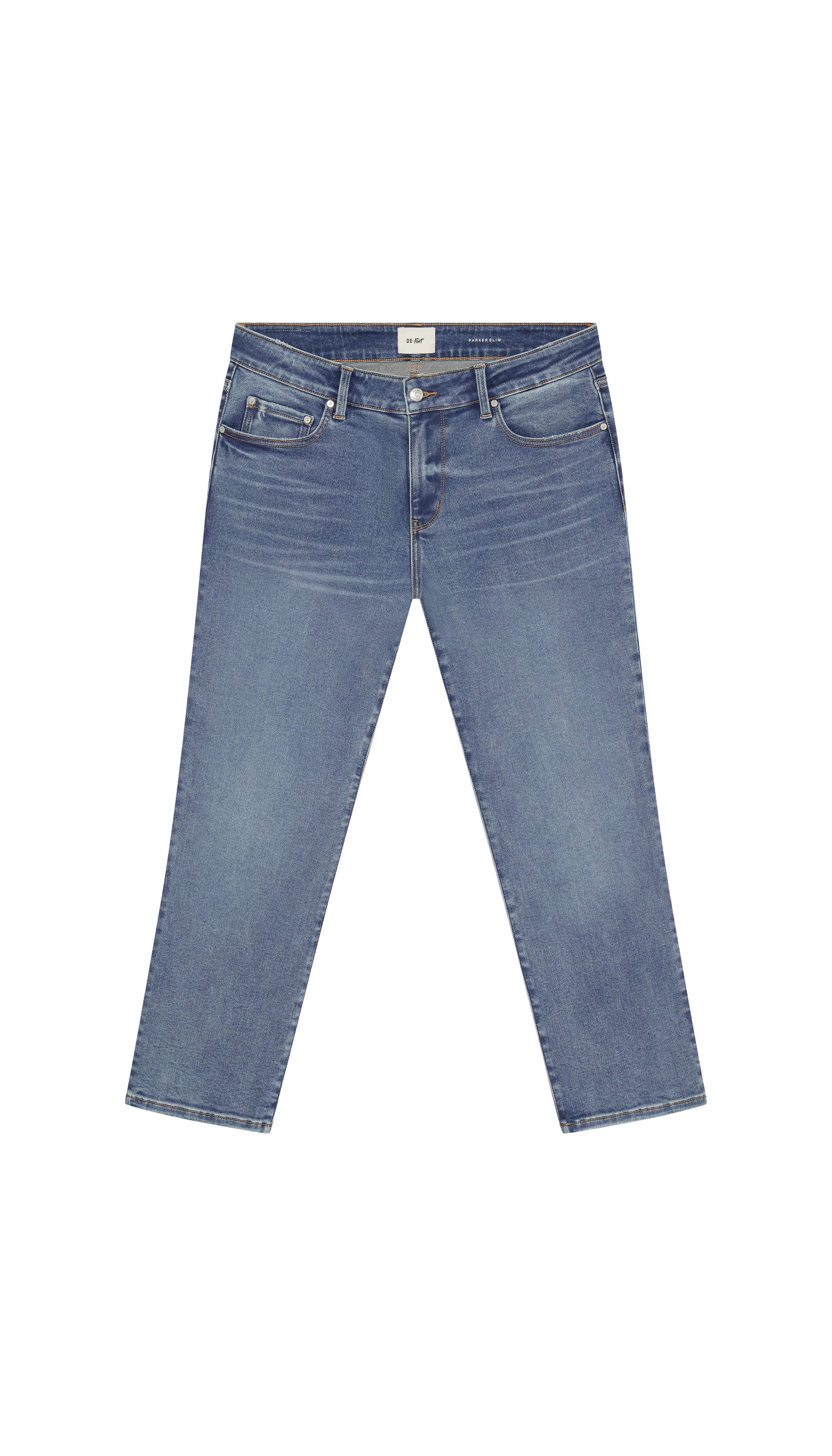 Medium blue skinny jeans flat on a white background