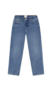 Medium blue skinny jeans flat on a white background