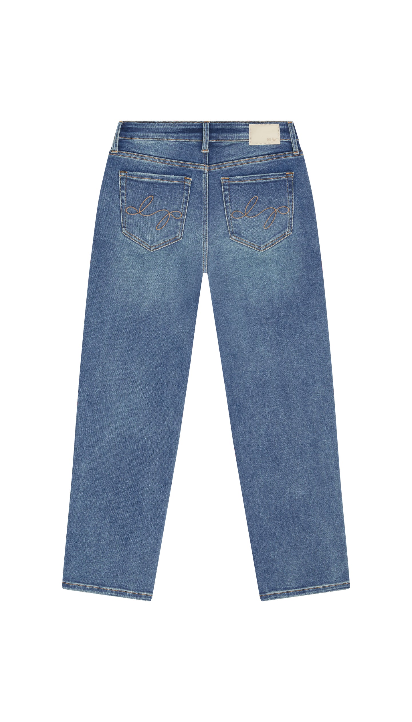 Medium blue skinny jeans backside flat on a white background