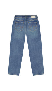 Medium blue skinny jeans backside flat on a white background