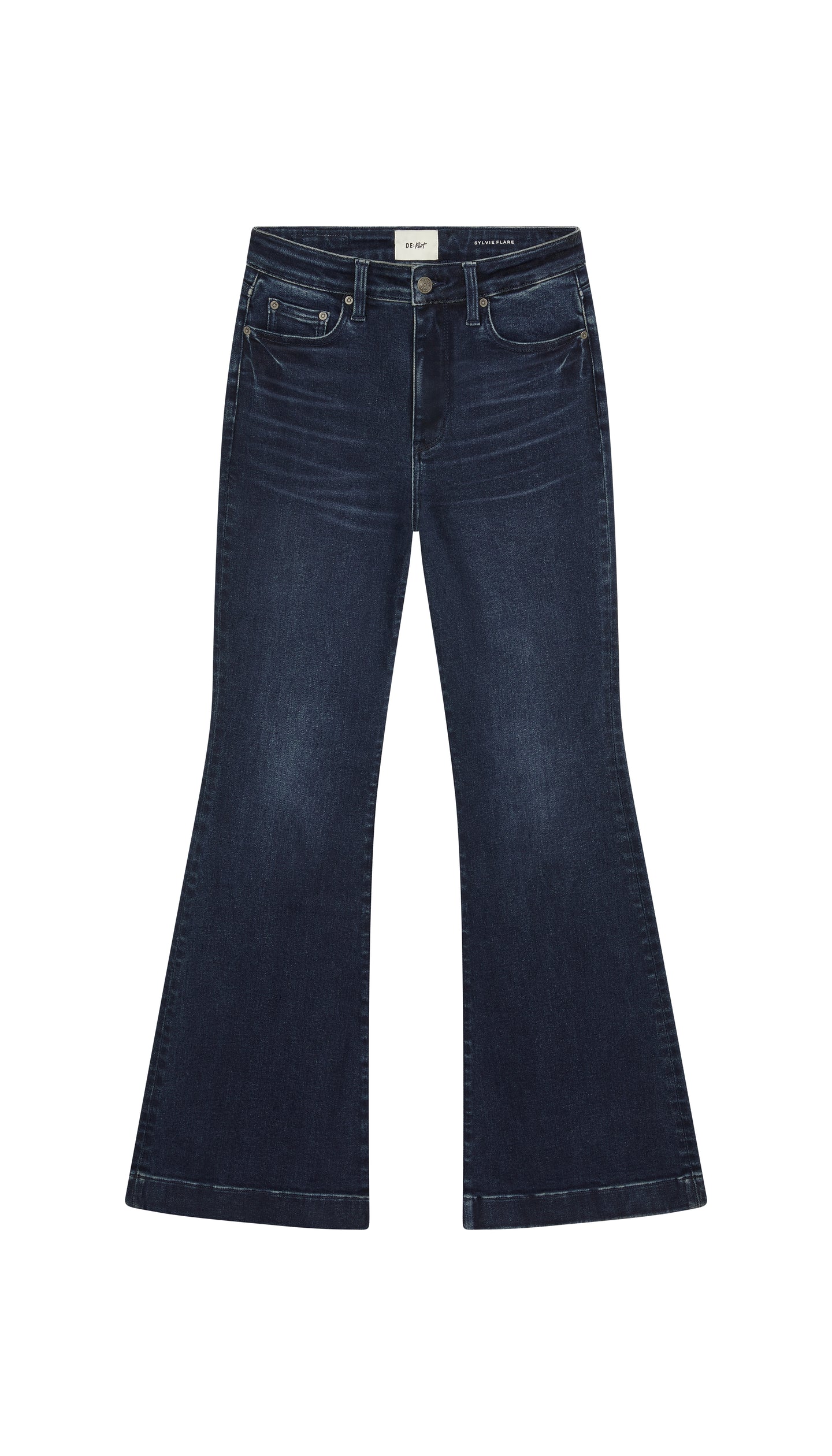 DePart flare dark blue jean flat on white background.