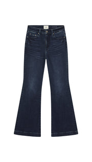 DePart flare dark blue jean flat on white background.