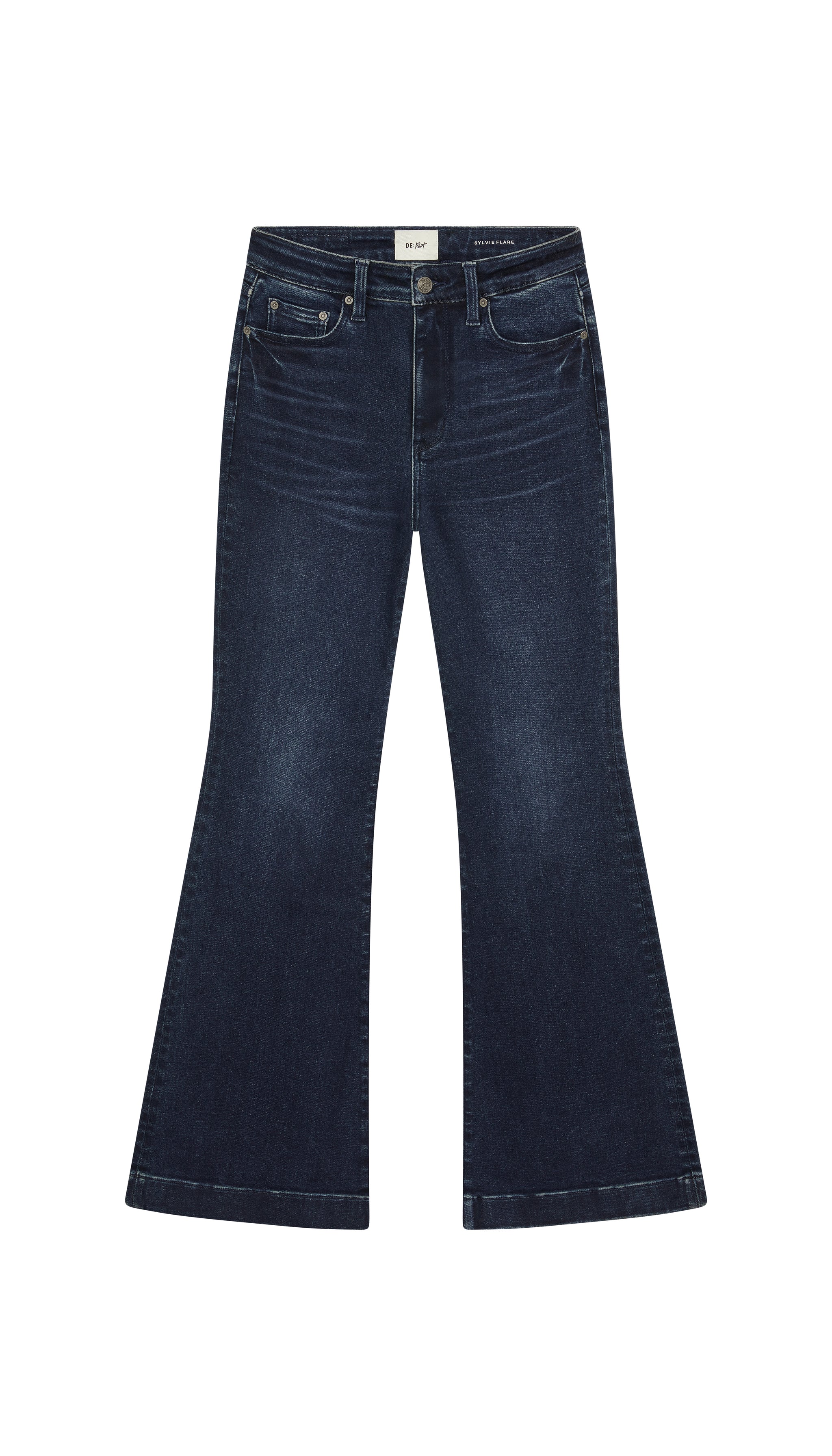 DePart flare dark blue jean flat on white background.