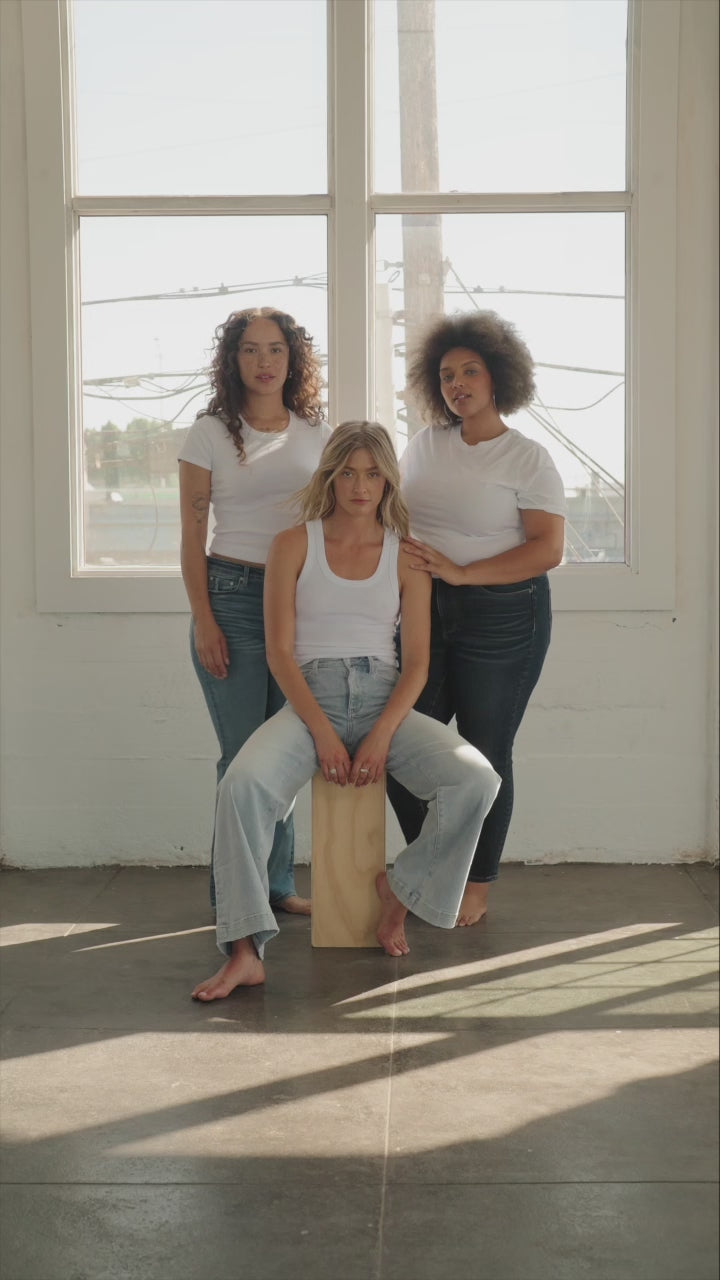 Video of 3 models in different sizes wearing Depart tees and denim