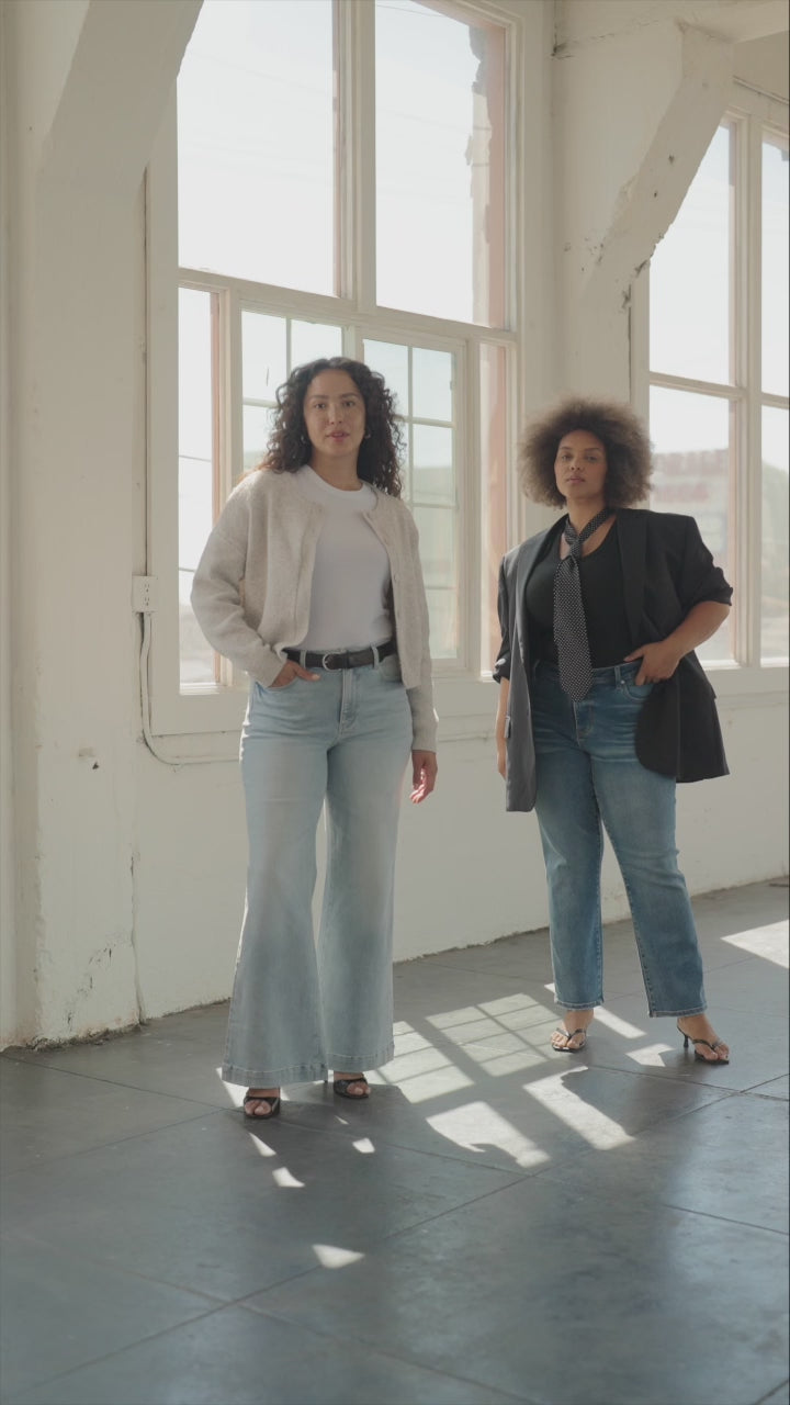 Video of 2 women styled in a blazers and cardigan with Depart tees and denim